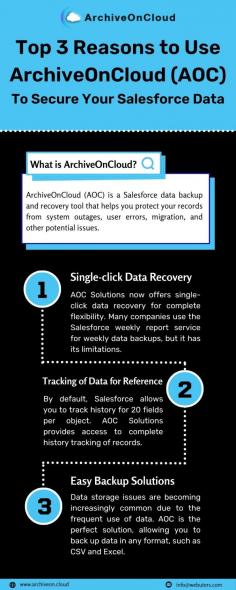 Protect and backup your Salesforce and other critical business solutions with AOC. This comprehensive data protection solution provides features to accelerate your business operations and growth. Get peace of mind knowing that your data is safe and secure with AOC. To learn more please visit here: https://www.archiveon.cloud/3-reasons-to-secure-your-salesforce-data-with-archive-on-cloud-aoc/ 

 