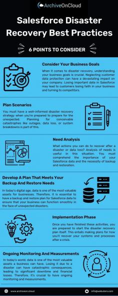 Salesforce is a critical system for many businesses, so having a solid disaster recovery plan is essential to ensure business continuity and minimize any potential downtime or data loss. Here are some best practices for disaster recovery planning for Salesforce: https://www.archiveon.cloud/disaster-recovery-best-practices-for-salesforce-that-will-help-you-plan-for-the-unexpected/ 

 