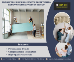 Home renovation services in Frisco are available to make your dream of revitalizing and updating your home a reality. Whether you desire a complete overhaul or minor upgrades, professional renovation experts in Frisco can transform your space into a haven of style, comfort, and functionality. Please visit our website to learn more.
https://www.floorsblvd.com/home-renovation-frisco-tx/
