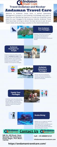 Andaman Travel Care offers a wide range of packages for couples looking to explore the stunning Andaman and Nicobar Islands. Their customized Andaman tour packages for couples include adventure tours, beach holidays, and honeymoon packages, designed to cater to every preference and budget. They provide affordable Andaman Nicobar tour package prices for couples, ensuring that every couple can experience a memorable and romantic trip. Andaman Travel Care's Andaman and Nicobar Islands package for couples offers a unique and authentic experience, making them the go-to travel agency for couples seeking a romantic honeymoon tour in Andaman and Nicobar.
