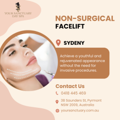 Achieve a youthful and rejuvenated appearance without the need for invasive procedures. Your Sanctuary Day Spa has an experienced team that uses the latest innovative techniques to tighten and lift your skin, reducing wrinkles and improving overall facial contours. Book your consultation today for a non-surgical facelift in Sydney.

Visit Us - https://www.yoursanctuary.com.au/beauty/non-surgical-facelift/
