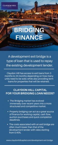 A development exit bridge is a loan used to repay the original development lender. Claydon Hill Capital provides flexible development exit bridging solutions to their clients. Visit their website to know more about development exit bridge loans.  

https://claydonhillcapital.com/development-exit-bridge/

