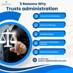 Trust administration is crucial for managing assets effectively and ensuring they're distributed according to your wishes and interests. Engaging in trust administration allows you to have greater control and flexibility regarding asset distribution, minimizes potential estate taxes, bypasses the tedious probate process, and provides protections for minor beneficiaries. Moreover, it ensures the entirety of the process remains private. Therefore, trust administration is a crucial tool for estate planning that guarantees a seamless transition of assets to your beneficiaries and loved ones.

https://e-estatesandtrusts.com/trust-administration/"

