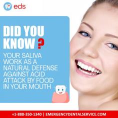 Did You Know? | Emergency Dental Service

Did you know that your saliva acts as a natural defense against acid attacks by food in your mouth? It helps protect your teeth and keep your oral health in check. Remember to take care of your oral health! And if you require any dental assistance, don't hesitate to reach out to our trusted emergency dental team. We're here to help! Schedule an appointment at 1-888-350-1340.