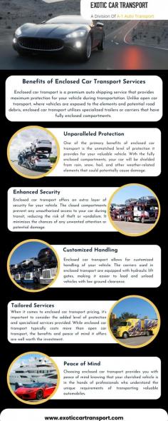 Enclosed car transport services is a premium auto shipping service that provides maximum protection for your vehicle during transportation. Unlike open car transport, where vehicles are exposed to the elements and potential road debris, enclosed car transport utilizes specialized trailers or carriers that have fully enclosed compartments.