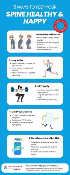 Discover these 5 essential strategies to maintain a healthy and happy spine. This informative infographic provides practical tips to promote good spinal health, including proper posture, regular exercise, ergonomic workspace setup, mindful lifting techniques, and the importance of staying hydrated. Follow these guidelines to ensure your spine remains strong and pain-free.
 