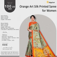 buy orange colour art silk printed sarees in dubai, uae 