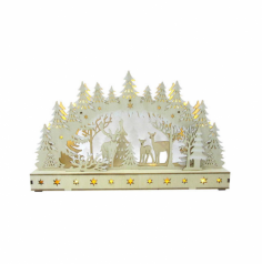Perfect for a mantelpiece or sideboard, this traditional Christmas decoration has a simplistic design of plain wood. Cut outs feature trees, reindeers, and the whole thing will come to life at night when you switch on the warm white LEDs.