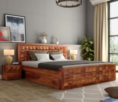 Buy Morse Sheesham Wood Bed with Drawer Storage (King Size, Honey Finish) Online at Wooden Street
