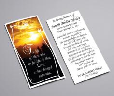 St. Albans Digital printing specialize in personalized full color laminated memorial prayer cards for funerals. These prayer cards are also known as mass cards or holy cards. Prayer cards are the perfect keepsake to distribute during funeral wakes or visitations, memorial services and church services. Also, it is a beautiful and fitting keepsakes for people to remember loved-ones and keep them close at all times. Our custom designed Prayer Cards are laminated edge-to-edge for a clean, elegant finish. The cards measure 2 1/2 inches by 4 1/2 inches. The full color personalized prayer cards come with or without a photo of your loved one and a prayer/poem on one side.