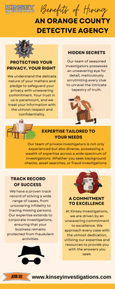 Are you trying to find a trustworthy and knowledgeable Orange County detective agency? Then Kinsey Investigations is the best place. We offer thorough and discreet detective services that are customized to meet your needs thanks to our team of knowledgeable investigators. Our expertise extends to surveillance and background checks, enabling us to unearth the truth. For a private consultation and assistance in locating the answers you seek, get in touch with us right now.
