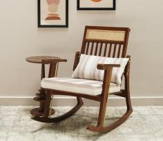Buy Aranya Teak Wood Rocking Chair (Teak Finish, Cream Stripe) Online From Wooden Street