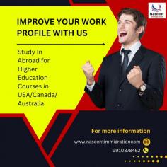 Canadian Student Visa is the first preferable choice of almost all the Indian Students for Higher Studies but there are so many other options are also available these days. We are working as a Study Abroad Consultants and helping Students to get the admissions in Canada, Australia, New Zealand, Ireland, USA & UK.  https://nascentimmigration.com/canada-study-visa.php