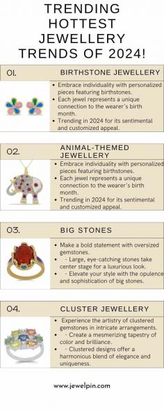 Trending Hottest Jewellery Trends of 2024!
Birthstone Jewellery:
 - Embrace individuality with personalized pieces featuring birthstones.
 - Each jewel represents a unique connection to the wearer's birth month.
 - Trending in 2024 for its sentimental and customized appeal.

 Animal-Themed Jewellery:
 - Dive into the wild side of fashion with animal-inspired motifs.
 - From delicate pendants to bold statement pieces, animals are a key trend.
 - Capture the untamed spirit and add a touch of whimsy to your style.

Big Stones:
 - Make a bold statement with oversized gemstones.
 - Large, eye-catching stones take center stage for a luxurious look.
 - Elevate your style with the opulence and sophistication of big stones.

Cluster Jewellery:
 - Experience the artistry of clustered gemstones in intricate arrangements.
 - Create a mesmerizing tapestry of color and brilliance.
 - Clustered designs offer a harmonious blend of elegance and uniqueness.

Fashion Forward with JewelPin:
 - Explore these trends and more with JewelPin's curated collection.
 - Stay ahead in the silver fashion gemstone jewellery that speaks volumes.
 - Redefine your style in 2024 with the latest and most captivating trends