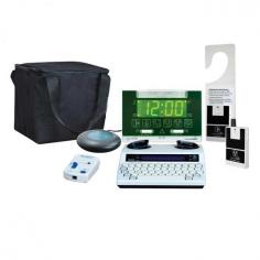 Shop for ADA compliant hotel guest kits and systems for deaf and hard of hearing online! We are your right stop. The ADA Compliant Deluxe Kit for hotels to provide their deaf and hard of hearing hotel guests includes a multi-function signaling systems with flashing lights and bed shaker that alerts to the phone, door knock and alarm clock; a sound monitor for the smoke alarm; an in-line telephone amplifier; a TTY and a soft carrying case. For more information and expert advice, call us at 1-866-889-4872. See more: https://www.hearworldusa.com/ada-compliance/ada-public-facility-guest-kits-listening-systems/ada-compliant-guest-room-kit-deluxe-with-soft-case/