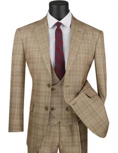Grab the best deal on Men's Camel Tan Plaid 3 Piece Suit Low Cut Vest V2RW-7.