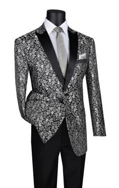 Introducing our exquisite Men's Silver Black Floral Paisley Tuxedo Jacket Blazer BF-2. The jacket features a classic tuxedo style with its combination of black satin lapels and black satin-covered buttons that you only find on tuxedos.