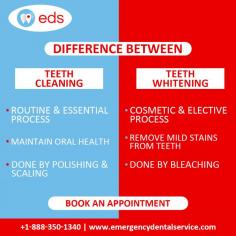 Teeth Cleaning Vs Teeth Whitening | Emergency Dental Service

A tooth cleaning is an essential routine process for maintaining oral health, involving polishing and scaling to prevent gum disease. On the other hand, Teeth whitening is a cosmetic and elective procedure that removes mild stains from teeth using bleaching. Book an appointment with Emergency Dental Service to ensure a healthy smile. Schedule an appointment at 1-888-350-1340.