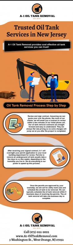 Get professional oil tank removal services in New Jersey with A-1 Oil Tank Removal NJ. Our experienced team ensures the safe and efficient removal of oil tanks, addresses environmental concerns, and provides comprehensive solutions. Contact us today for a reliable and hassle-free oil tank removal experience.