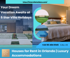 Discover the ultimate vacation experience with 5 Star Villa Holidays. Our exclusive selection of houses for rent in Orlando guarantees a luxurious stay, offering you the perfect blend of comfort and convenience. Choose from a range of stunning properties and create unforgettable memories in the magical city of Orlando. Start planning your dream getaway today with 5 Star Villa Holidays.