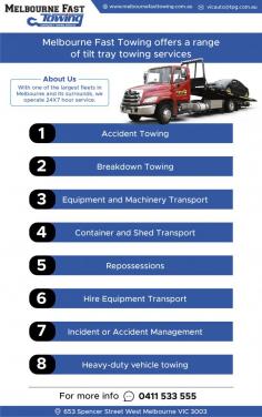 Melbourne Fast Towing offers a range of Tilt Tray Towing services such as accident towing, breakdown towing, heavy-duty vehicle towing, etc. in Melbourne.  https://www.melbournefasttowing.com.au/tilt-tray-towing/