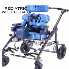 A pediatric wheelchair is a specialized mobility device designed specifically for children with mobility impairments or disabilities. Aluminum frame for light weight. 2 fixed rare and castor wheels. 
