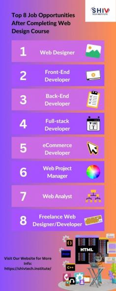 Explore the top 8 job opportunities to opt for after completion of a web design course. With the help of this infographic, make a well-informed decision for your web designing career. The top 8 job opportunities are as 
follows:
- Web Designer
- Front-End Developer
- Back-End Developer
- Full-Stack Developer
- eCommerce Developer
- Web Project Manager
- Web Analyst
- Freelance Web Designer/Developer