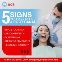 5 Signs For Root Canal | Emergency Dental Service 

Do you have severe dental pain, noticing discolored teeth, swollen gums, persistent gum pimples, or prolonged sensitivity? These symptoms may indicate the need for a root canal. Don't ignore the signals—contact Emergency Dental Service to address potential problems and restore your oral health. Schedule an appointment at 1-888-350-1340. 