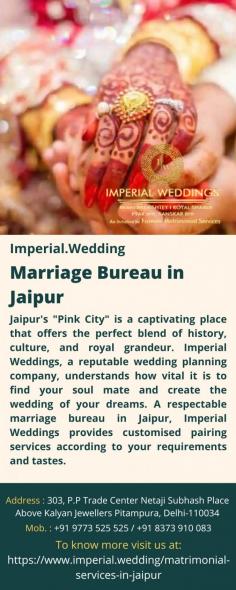 Marriage Bureau in jaipur 
Jaipur's "Pink City" is a captivating place that offers the perfect blend of history, culture, and royal grandeur. Imperial Weddings, a reputable wedding planning company, understands how vital it is to find your soul mate and create the wedding of your dreams. A respectable marriage bureau in Jaipur, Imperial Weddings provides customised pairing services according to your requirements and tastes.
For more details visit us at: https://www.imperial.wedding/matrimonial-services-in-jaipur