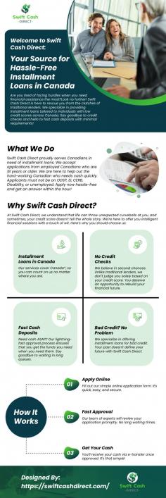Are you tired of facing hurdles when you need financial assistance the most? Look no further! Swift Cash Direct is here to rescue you from the clutches of traditional lenders. We specialize in providing installment loans tailored to individuals with low credit scores across Canada. Say goodbye to credit checks and hello to fast cash deposits with minimal requirements!