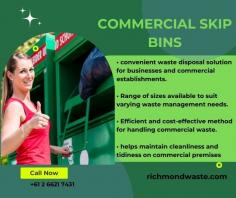 "Richmond Waste offers Commercial Skip Bins for efficient waste management solutions. Our bins cater to businesses of all sizes, ensuring hassle-free disposal of commercial waste. With various sizes available, choose the perfect fit for your needs."