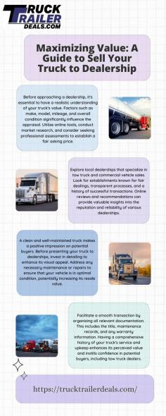 Looking to sell your truck to a dealership? Navigate the process smoothly with Truck Trailer Deals. Our guide offers valuable tips on maximizing value, whether you're trading in or selling outright. Find the best pickup trucks near me and connect with reputable tow truck dealers effortlessly. Visit here to know more:https://theamberpost.com/post/maximizing-value-a-guide-to-sell-your-truck-to-dealership