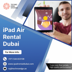 iPad can significantly enhance productivity by providing access to state-of-the-art technology, flexibility, scalability, and comprehensive support services. Techno Edge Systems LLC offers you the reliable services of iPad Air Rental Dubai in less cost. For More info Contact us: +971-54-4653108 Visit us: https://www.ipadrentaldubai.com/ipad-rent-in-dubai/