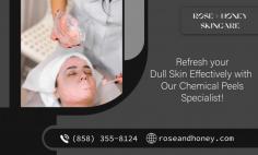 Reveal Radiant Skin with Our Chemical Peel Treatments!

Experience the restorative cosmetic procedure that may aid in minimizing the signs of aging on your face through our seasoned and well-equipped chemical peel specialists in San Diego. Enjoy the easy exfoliation and diminish your sun damage at an affordable price range. Contact Rose + Honey Skincare today!

