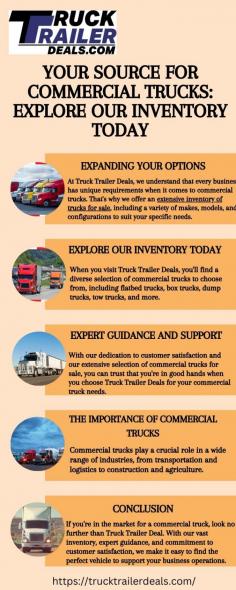 Unlock the potential of your business with Truck Trailer Deals, where you'll find an extensive inventory of commercial trucks for every need. From heavy-duty haulers to versatile utility vehicles, our trucks for sale are sure to impress. Explore our selection and elevate your fleet today. Visit here to know more:https://trucktrailerdeals.blogspot.com/2024/03/your-source-for-commercial-trucks.html