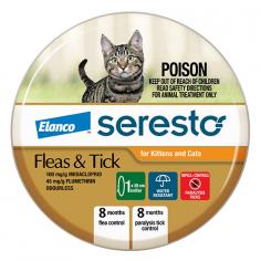Seresto is a unique flea and tick collar for cats. The innovative collar is probably the longest lasting protection against fleas and ticks. This formula treats and prevents flea infestations for up to 8 months. Plus, it repels and controls paralysis ticks for 8 months.
