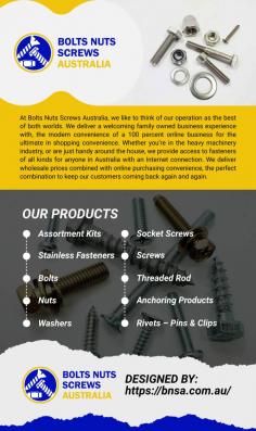 We deliver a welcoming family owned business experience with, the modern convenience of a 100 percent online business for shopping convenience. If your in heavy machinery or automotive industry, or are just handy around the house, we provide access to fasteners of all kinds for anyone in Australia. We deliver wholesale prices combined with online purchasing convenience.