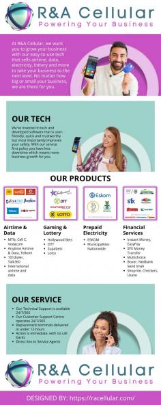 R&A Cellular is in the prepaid value-added services (VAS) in South Africa. We help shop owners, traders and other entrepreneurs increase sales and profits and grow their businesses. All of this by simply giving shoppers access to prepaid products and services that are needed and used every day.