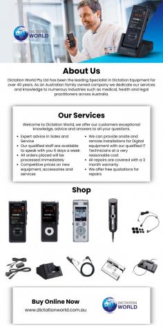 Dictation World Pty Ltd has been the leading Specialist in Dictation Equipment for over 40 years. As an Australian family owned company, we dedicate our services and knowledge to numerous industries such as medical, health and legal practitioners across Australia.