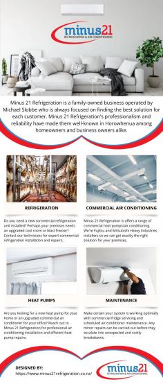 Are you looking for an expert refrigeration, heating & air conditioning company in servicing Kapiti, Horowhenua and the Manawatu? Minus 21 Refrigeration is a family-owned business operated by Michael Slobbe who is always focused on finding the best solution for each customer. Minus 21 Refrigeration's professionalism and reliability have made them well-known in Horowhenua among homeowners and business owners alike. If you require qualified technicians who are experts in their field - with specialist equipment and the know-how to provide you with the right heating, air conditioning and refrigeration solutions - contact Minus 21 Refrigeration today. Minus 21 Refrigeration provides a range of services for residential and commercial heating and refrigeration. Whether you require a new commercial refrigeration unit installed, need to book an emergency repair or require professional advice about which type of heating system best suits your home or an AC installer, Minus 21 Refrigeration can help. Working with our experienced refrigeration and heating technicians is easy. After we receive your enquiry a site evaluation is completed. This ensures the correct product is being installed in the right place. The installation then takes place. Lastly, ongoing maintenance and servicing are scheduled.