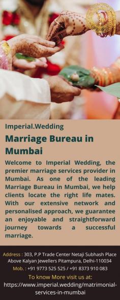 Marriage Bureau in Mumbai 
Welcome to Imperial Wedding, the premier marriage services provider in Mumbai. As one of the leading Marriage Bureau in Mumbai, we help clients locate the right life mates. With our extensive network and personalised approach, we guarantee an enjoyable and straightforward journey towards a successful marriage.
For more details visit us at: https://www.imperial.wedding/matrimonial-services-in-mumbai