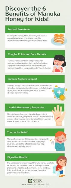 6 Benefits of Manuka Honey for Kids - Infographic

As parents, we always want to provide the best for our kids, from clothes, food, toys, vitamins, and among other things. But the best care we can provide for them is to care for them, to help them grow, and to help them avoid diseases.

So when providing food for kids, it's important to look for organic and natural options as they are healthier choices for our kids and the whole family. For example, for sweeteners, you can use Manuka Honey as a healthier alternative to table sugar, as it contains multiple vitamins to help our kids grow.
