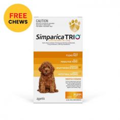 Simparica Trio is a powerful oral treatment that provides triple protection. It protects your dog against fleas and paralysis ticks, intestinal worms and deadly heartworm. Simparica Trio treats and protects against harmful parasites. The oral chew contains a specially optimised trio of ingredients for proven efficacy including the ingredient moxidectin, the same ingredient used by vets to protect against deadly heartworm disease.
