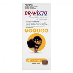 Bravecto (FLURALANER) Chewables for Dogs is the only oral chew to deliver 3 months flea and 4 months paralysis tick protection for dogs in a single dose. It eliminates fleas within 8 hours of administration and provides effective control of pre-existing paralysis tick infestations within 24 hours. It also treats ear mites. Bravecto can be used in puppies from 8 weeks of age weighing greater than 2kg. It is also safe for use in breeding, pregnant, and lactating dogs. Bravecto is available in single-dose packs across 5 weight bands.
