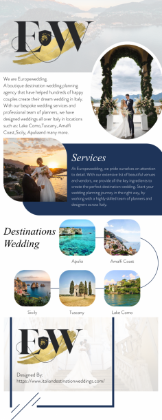 We are Europewedding. A boutique destination wedding planning agency that have helped hundreds of happy couples create their dream wedding in Italy. With our bespoke wedding services and professional team of planners, we have designed weddings all over Italy in locations such as: Lake Como, Tuscany, Amalfi Coast, Sicily, Apulia and many more.