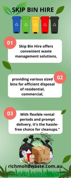 "Skip Bin Hire offers convenient waste management solutions, providing various sized bins for efficient disposal of residential, commercial, or industrial waste. With flexible rental periods and prompt delivery, it's the hassle-free choice for cleanups."