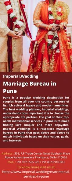 Marriage Bureau in Pune
Pune is a popular wedding destination for couples from all over the country because of its rich cultural legacy and modern amenities. The best wedding planner, Imperial Weddings, understands how important it is to choose the appropriate life partner. The goal of their top-notch matrimonial services in pune is to make finding love simpler and more enjoyable. Imperial Weddings is a respected marriage bureau in Pune that goes above and above to match individuals based on their values, goals, and interests.
For more details visit us at: https://www.imperial.wedding/matrimonial-services-in-pune