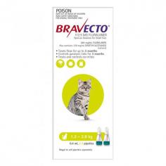 Bravecto Spot-On is indicated for the treatment of flea and tick infestations in cats. The single dose spot-on solution offers long-lasting effect against parasites for up to 3 months. It consistently kills fleas and paralysis ticks for 12 weeks and controls further parasitic infestations. The rapid action property kills fleas within 12 hours of application. Bravecto spot-on destroys existing adult fleas and newly emerged fleas before they lay eggs. It breaks the flea life cycle and controls recurring flea infestations.
