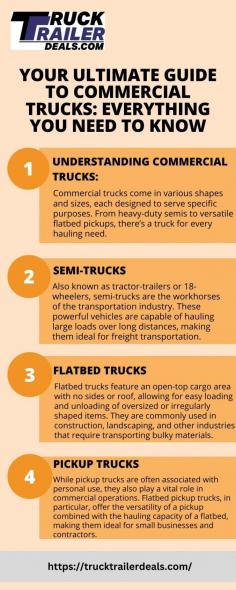 Your Ultimate Guide to Commercial Trucks on Truck Trailer Deals offers comprehensive insights into commercial truck purchases. Discover the best semi for sale near me options and explore a wide range of flatbed pickup trucks for sale. Get equipped with all the knowledge you need for informed decisions in the commercial truck industry. Visit here to know more:https://medium.com/@hudson.jack559/your-ultimate-guide-to-commercial-trucks-everything-you-need-to-know-ab83f9a14094