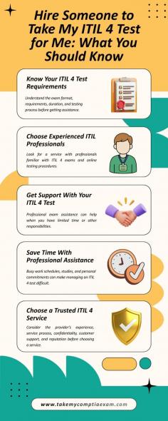 Looking to “Hire Someone to Take My ITIL 4 Test for Me”? TakeMyComptiaExam provides professional ITIL 4 exam assistance for students and professionals who have limited time or need support with their certification exam. The service is designed for those managing busy schedules while working toward their ITIL 4 Foundation certification.
